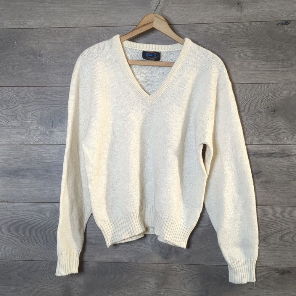 Vintage Jantzen Solid Cream V-Neck Pullover Sweater Women's Size Large